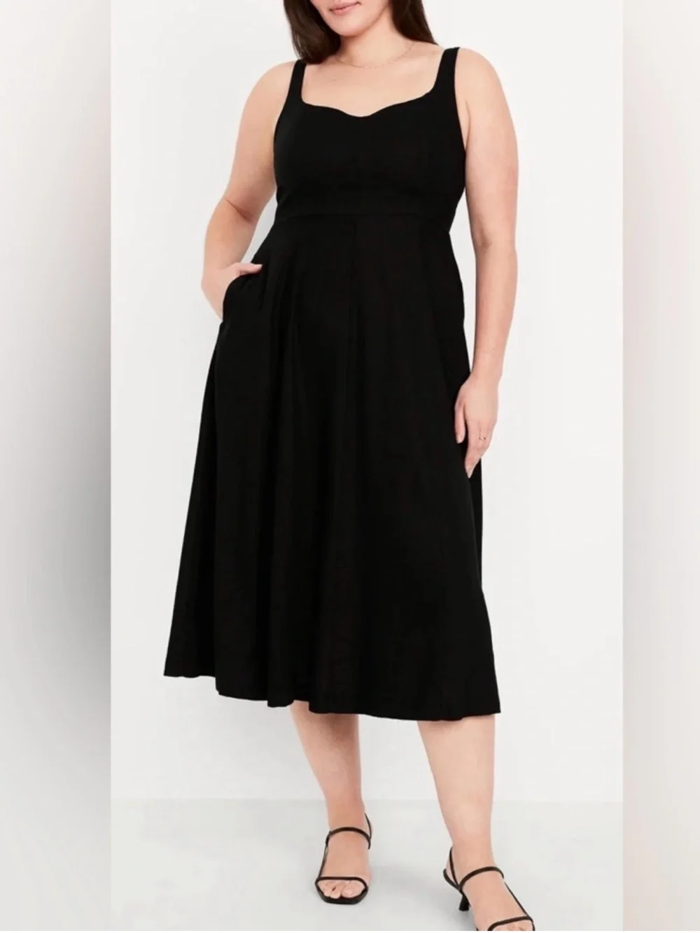 Old Navy Boho Fit Flare Sleeveless Black Linen Blend Smocked Back Midi Dress XL - Picture 1 of 16